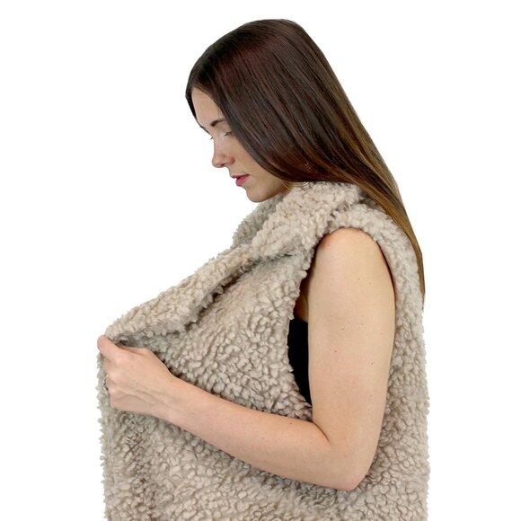 Soft Cozy Shaggy Faux Fur Long Vest Fuzzy Wrap Khaki - Picture 9 of 9